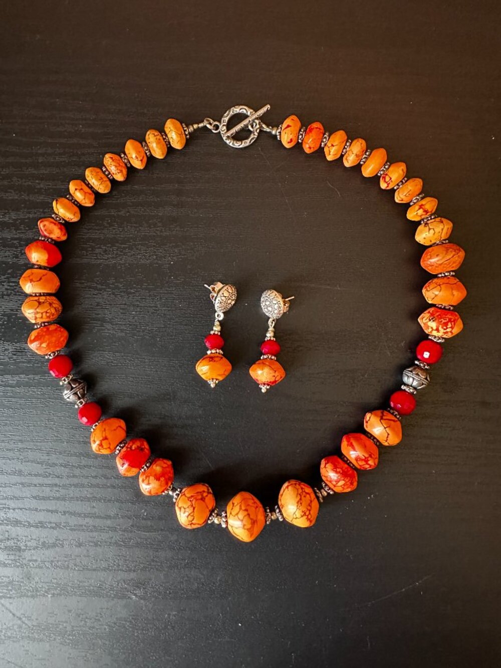 Handmade Artisan Orange Stone Statement Necklace & Earrings Boho Southwestern